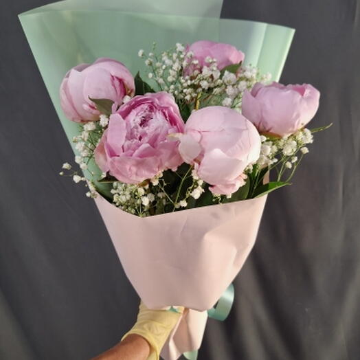 Розовые пионы 5 💖💖💖💖💖шт. с гипсофилой