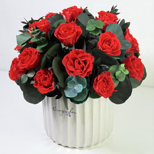 Роза красная с эвкалиптом в керамической вазе/ Стабилизированные цветы 🌹/ 21 красная Роза