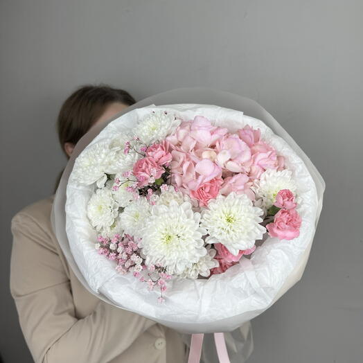 Букет из Розовой Гортензии, Хризантемы, Диантусов и Гипсофилы💞