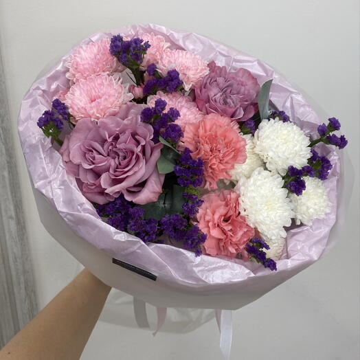 Стильный авторский букет 💜🌿Bloom room, статица, диантус, пионовидная роза, хризантема