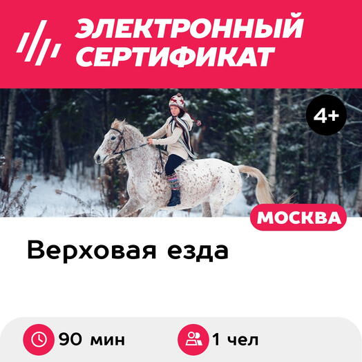 Подарочный сертификат Тренировка в манеже и прогулка верхом для 1 человека (30+60 мин.)