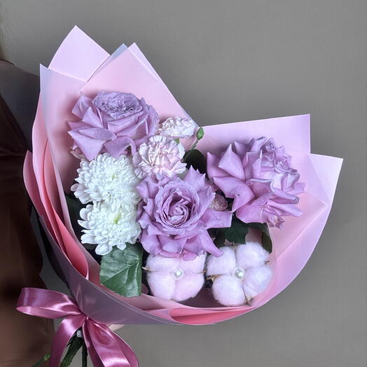 Акция 💜 букет -комплимент. Хризежнкма, французские розы, хлопок