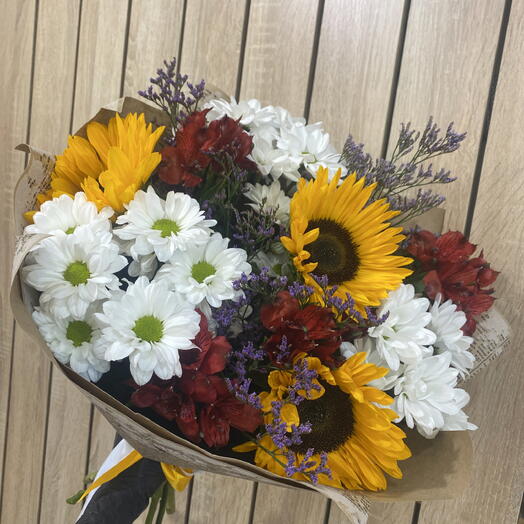 Осенний Букет с Подсолнухами, Альстромерией и Хризантемой 🌻