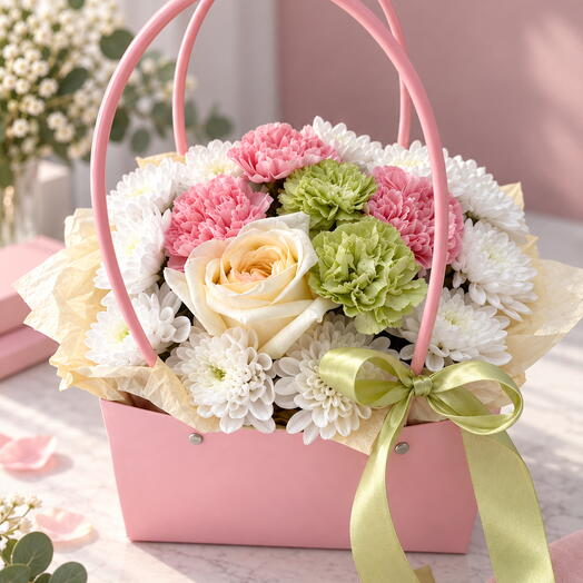 🌸 «Нежное утро» — цветочная композиция в розовой сумочке