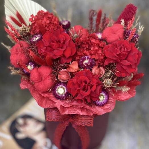 Сухоцветы в коробке Алая Роза 🌹