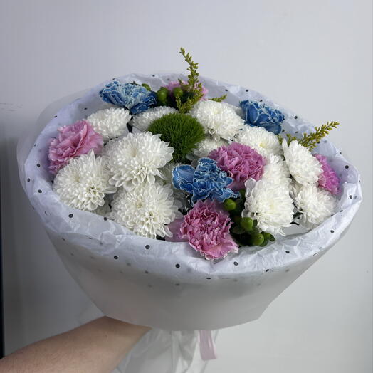Букет из диантусов и хризантем🩵🩷💐