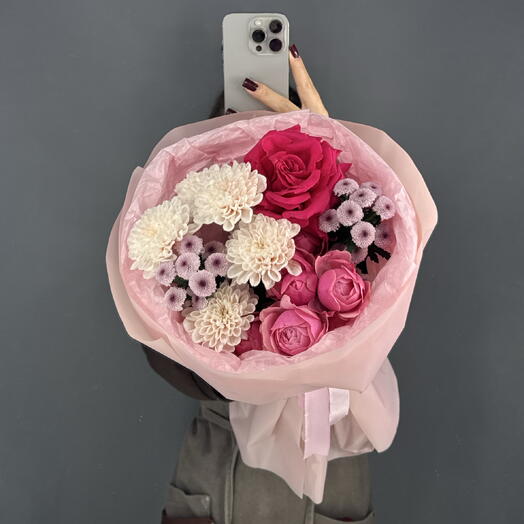 Авторский букет💕 Хризантема персиковая и яркая Французская Роза