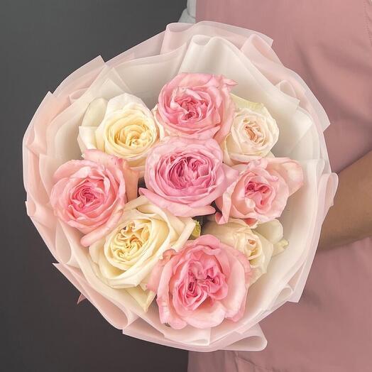 Bouquet of fragrant white and pink peony-shaped roses