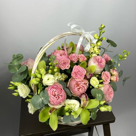 Basket with peony rose and orchid