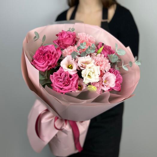 Bouquet of 30 peonies. country blue roses, terry eustoma and eucalyptus