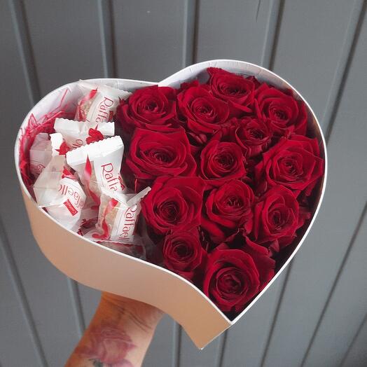 Heart box with Roses and Raffaello Candies