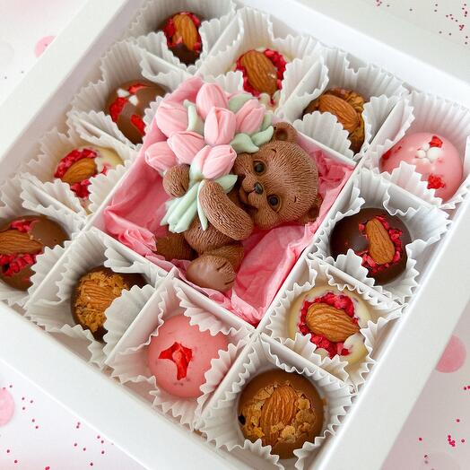 Juego de chocolate belga con oso de peluche