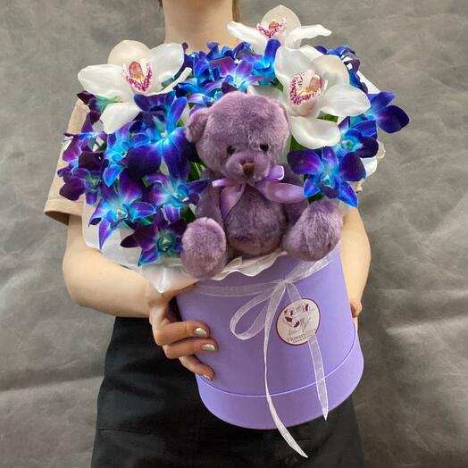 An orchid in a box with a teddy bear