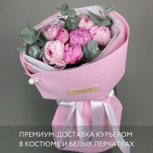 Розовые пионы 7 шт в розовой упаковке | Крупные махровые бутоны | Доставка