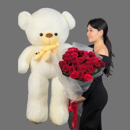 Букет из 25 Голландских роз 100 см + Мишка 100 см