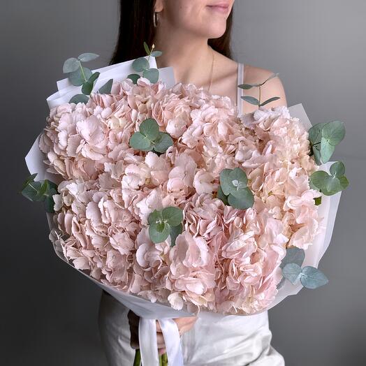 Нежный букет розовые гортензии и эвкалипт