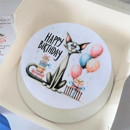 Бенто-торт на день рождения с сахарной картинкой "Happy Birthday" с котиком