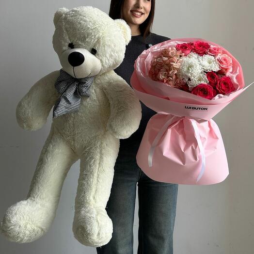 Комбо евробукет + мишка 80см