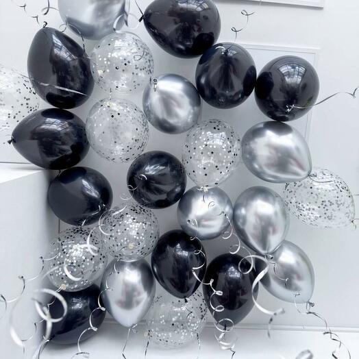 Шары под потолок черные, серебро, с конфетти