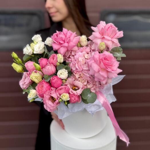 Нежно-розовая коробка|Silva Pink| Гортензии| Лизиантуса