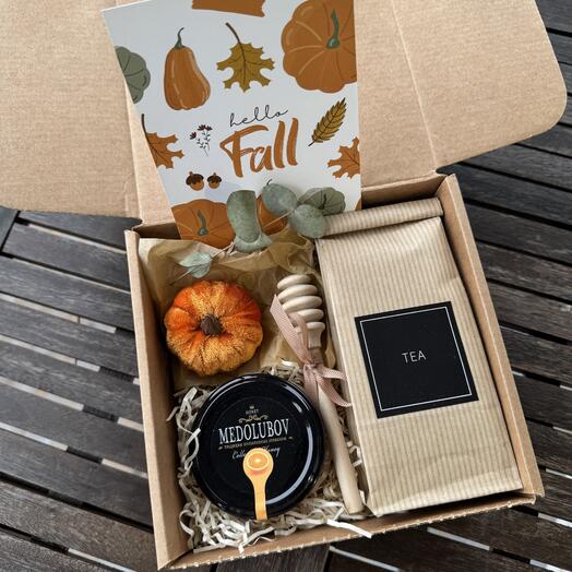 Подарочный набор "Hello Fall" с бархатной тыковкой и ароматным чаем FB110