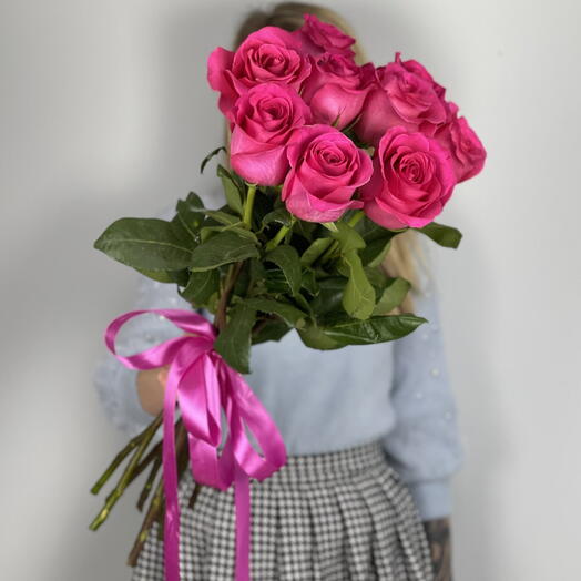 Букет из 9 премиальных ярко - розовых роз 60см. с запахом (23)