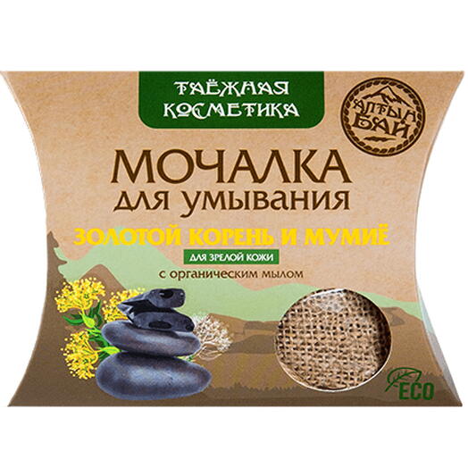 Мочалка льняная для умывания с органическим мылом "ЗОЛОТОЙ КОРЕНЬ И МУМИЁ" для зрелой кожи, 60 гр