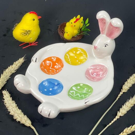 Сервировочная тарелка для 5 от яиц на Пасху в виде белого кролика