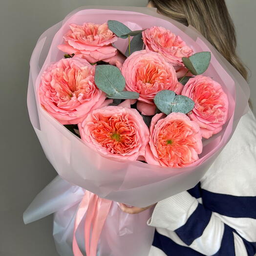Peony-shaped roses with eucalyptus