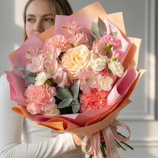 Букет из пионовидной розы и альстромерии. Авторский букет 3050. leoraflowers