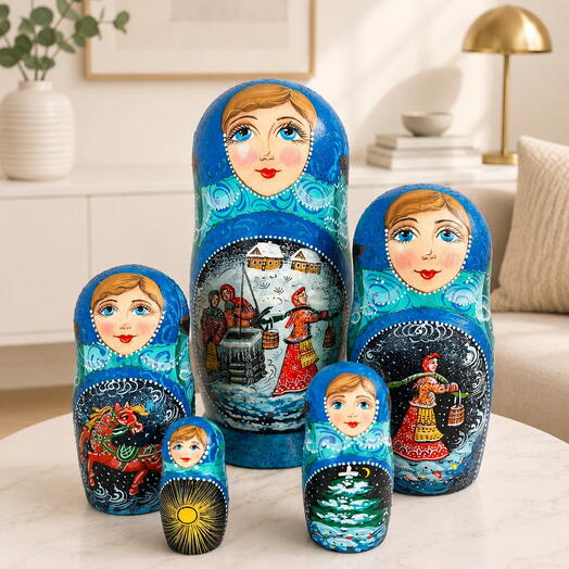 Авторская матрёшка «Зимняя деревня у колодца», 5-местная, 18 см