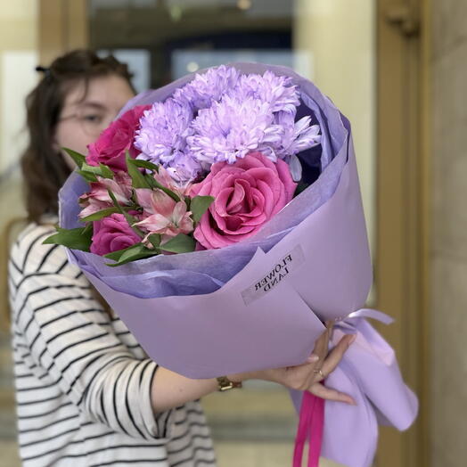 Букет для Леди 🎀 с розой, альстромерией и хризантемой 🩷