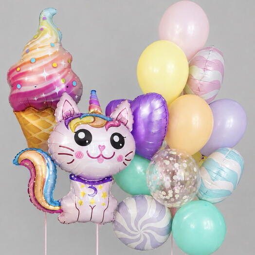 🦄 Набор воздушных шаров «Кошка-единорог и мороженое»
