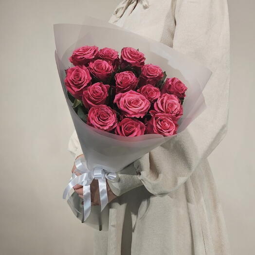 Малиновые розы букет 15 шт les fleur (П0144)