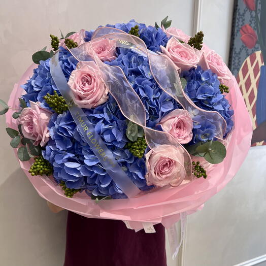 Дуобукет Пионовидная роза Pink O Hara, Гортензия
