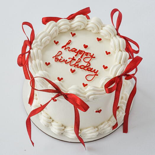 Бенто-торт М в стиле Ламбет с красными бантиками и сердечками Happy birthday в премиум упаковке