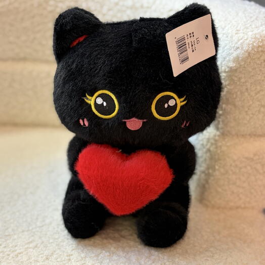 Мягкая игрушка Черный кот с сердцем
