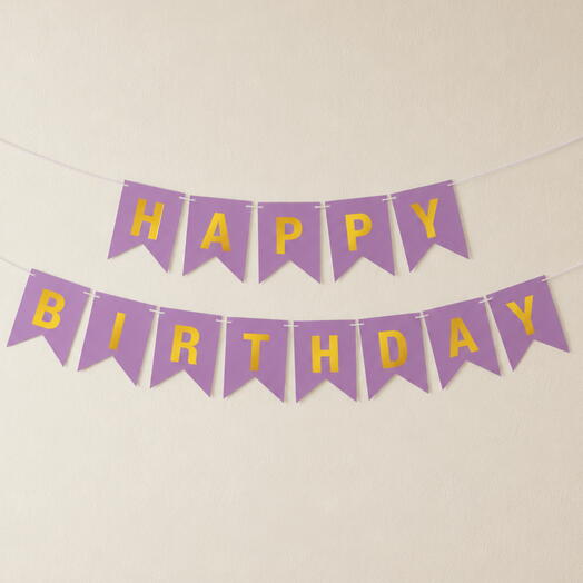 Гирлянда сиреневая из флажков Happy Birthday