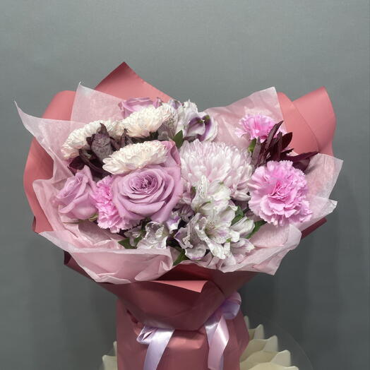 Букет «Бархатный закат» 🎀💜 Роза, Хризантема, Альстромерия, Диантус, Котинус 🌸
