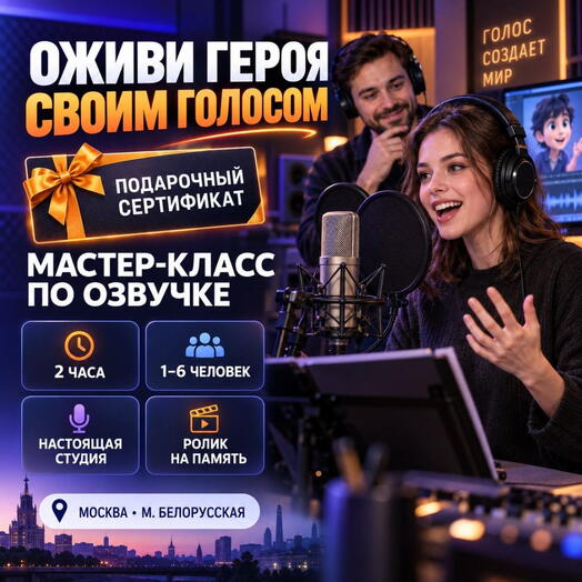 Подарочный сертификат «Мастер класс по озвучке» (2 часа, 1 человек в составе группы)