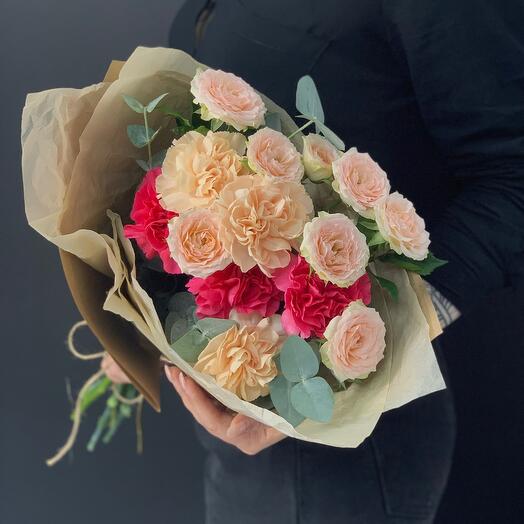 Bouquet with dianthus and eucalyptus