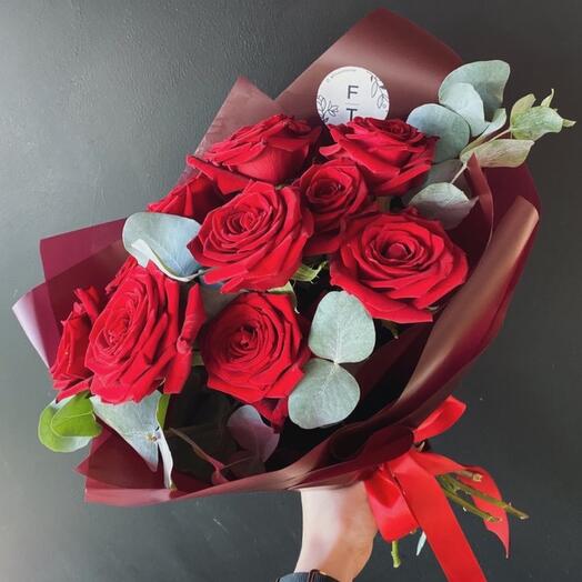 Burgundy roses with eucalyptus