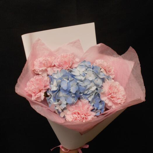 Hydrangea blue with pink carnations