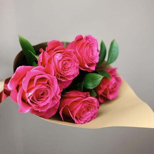 5 crimson roses with greenery