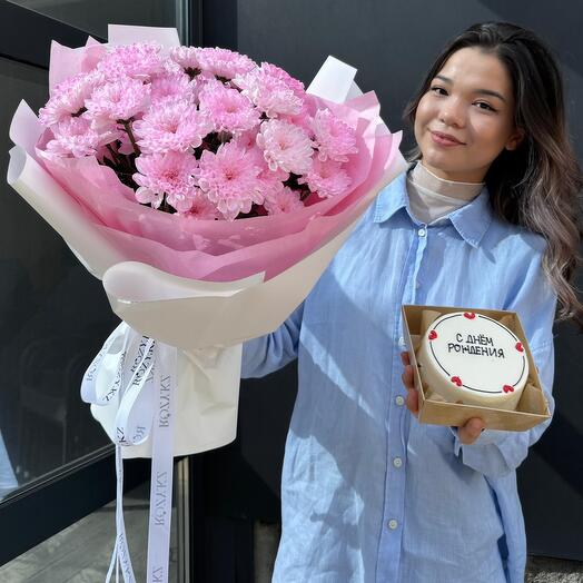 Комбо 5 пышных хризантем и бенто тортик