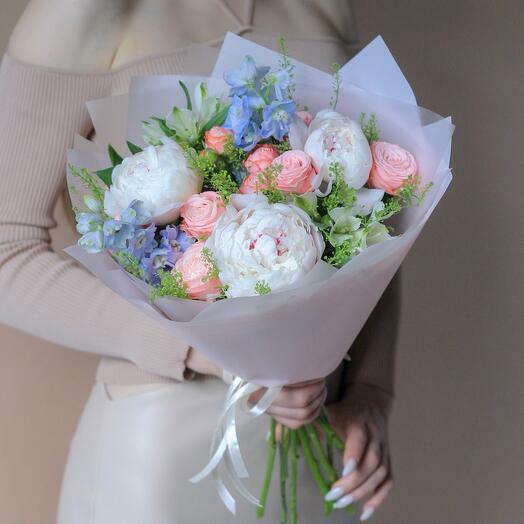 Bouquet with Peonies, Delphinium and Spray Roses