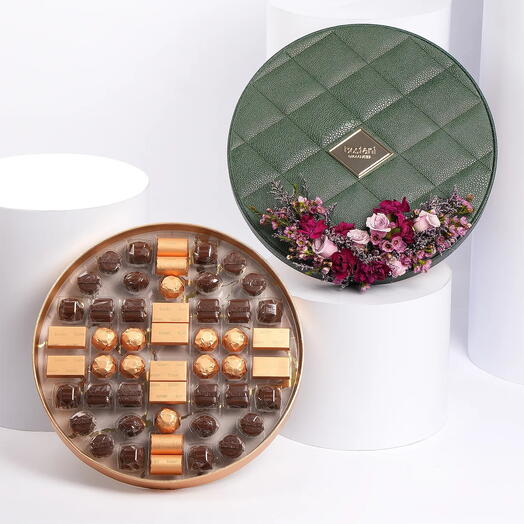 Bostani Leathered Big Chocolate Green Round Box with Flowers