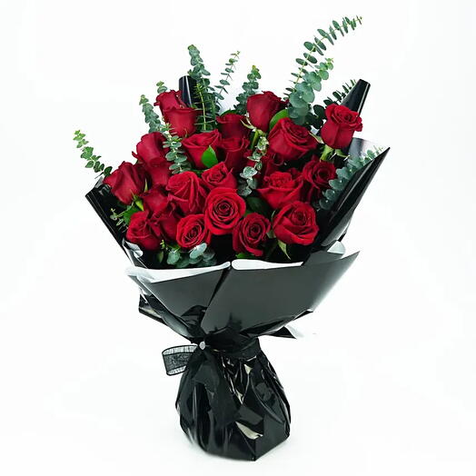 Passionate Blooms: Exquisite Bouquet of 24 Red Roses with Eucalyptus Leaves