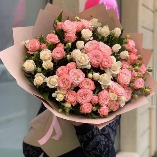 Bouquet of 51 white bush roses and bush peony-shaped roses