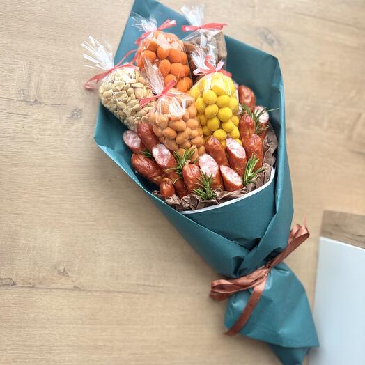 Bouquet with sausages and snacks
